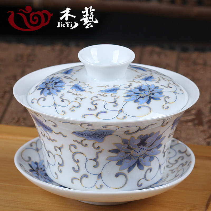 青花瓷盖碗大号茶杯茶碗三才碗不烫手手绘白瓷盖碗茶具敬茶杯配件