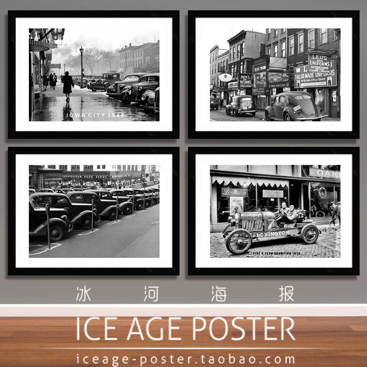 黑白老爷车复古怀旧老照片西餐咖啡厅饭店欧美酒吧装饰画墙壁挂画