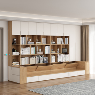 沙发书柜一体客厅墙柜书橱组合家用带卡座书架背景整墙储物柜定制