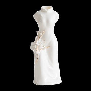 德化白瓷手工描金梅花旗袍美女花瓶家居书桌面博古架玄关中式摆件