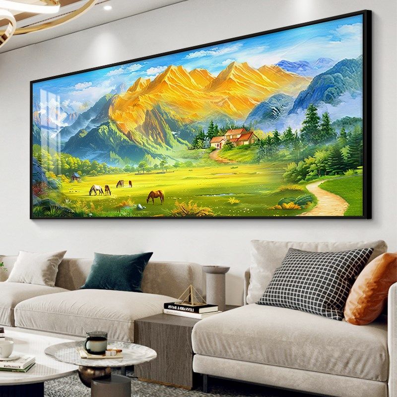 聚宝盆山水画客厅装饰画手绘油画西墙聚财挂画风景沙发背景墙壁画