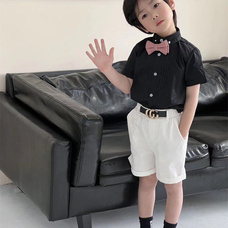 夏季儿童衬衫花童男童白色短袖表演服中小学生黑衬衣幼儿园毕业服