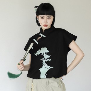 汉服女中国风短袖新中式女装改良旗袍上衣国风盘扣黑色夏国潮t恤