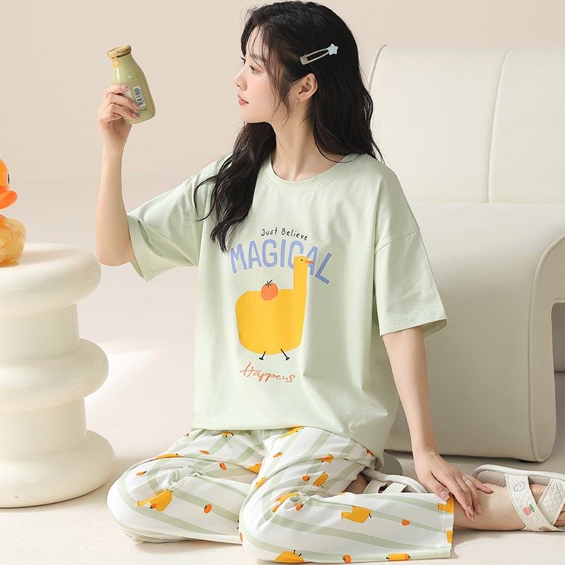 卡之恋睡衣夏季女款纯棉短袖长裤条纹薄款套装可爱卡通动漫家居服