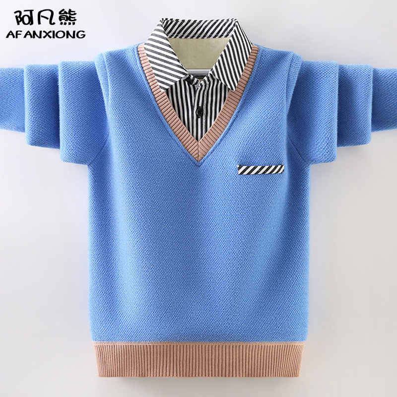 男童毛衣秋冬款加绒一体绒2023新款中大童衬衫领假两件套头针织衫