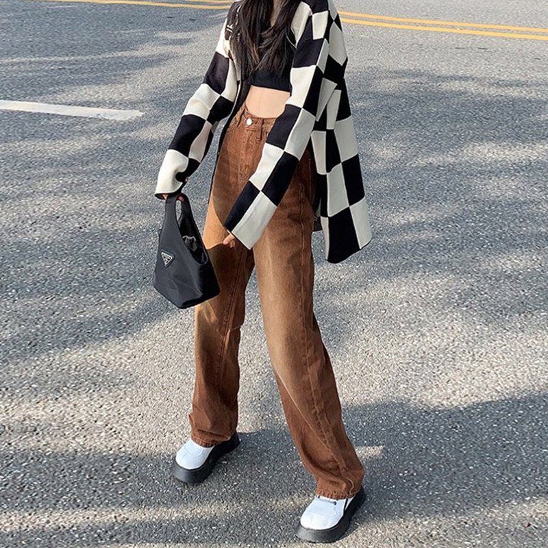 棕色牛仔裤女秋冬新款宽松显瘦大码胖mm高腰直筒阔腿梨形身材裤子,女装/女士精品,牛仔裤,淘宝优惠券,粉丝福利购,淘宝优惠卷