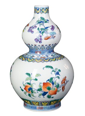 景德镇陶瓷青花瓷花瓶手绘斗彩三多纹葫芦瓶客厅复古中式家居摆件
