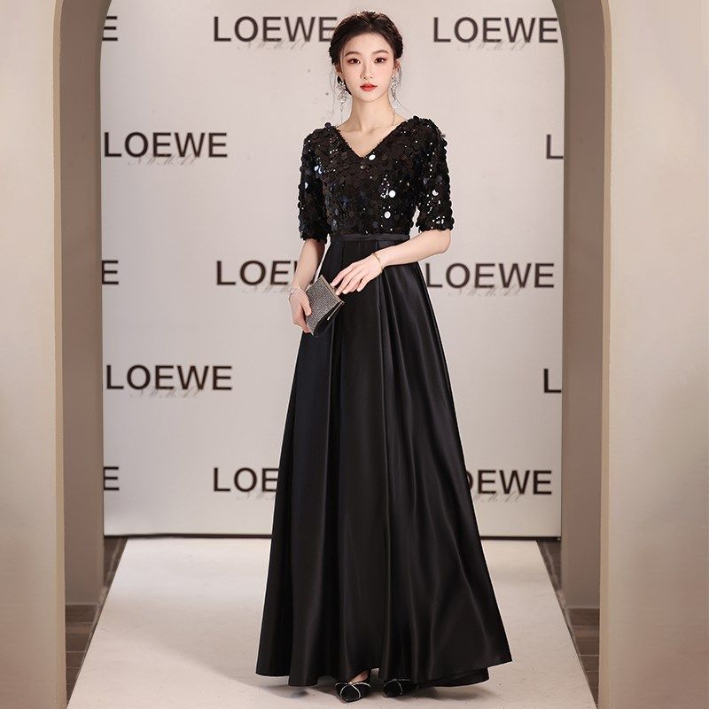 新款黑色V领长款晚礼服裙指挥钢琴演出主持年会走秀艺考合唱大码,女装/女士精品,礼服/晚装,淘宝优惠券,粉丝福利购,淘宝优惠卷
