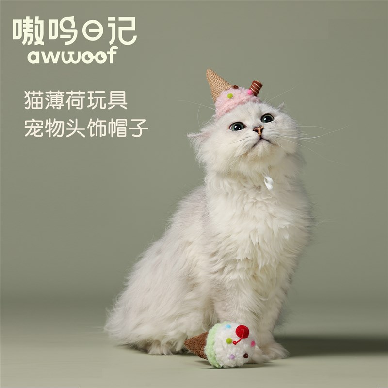 嗷呜日记冰淇淋猫薄荷填充玩具猫咪高颜值毛绒帽子宠物生日礼物