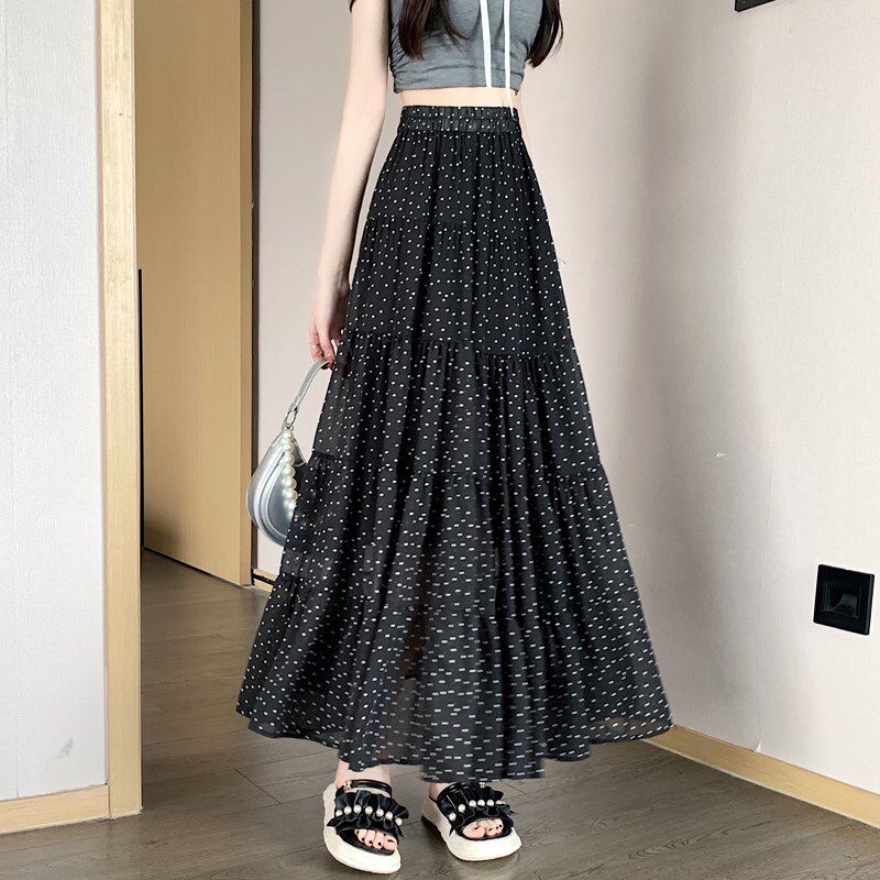 高腰波点白裙子半身裙女夏季2024新款拼接大摆a字长裙雪纺蛋糕裙