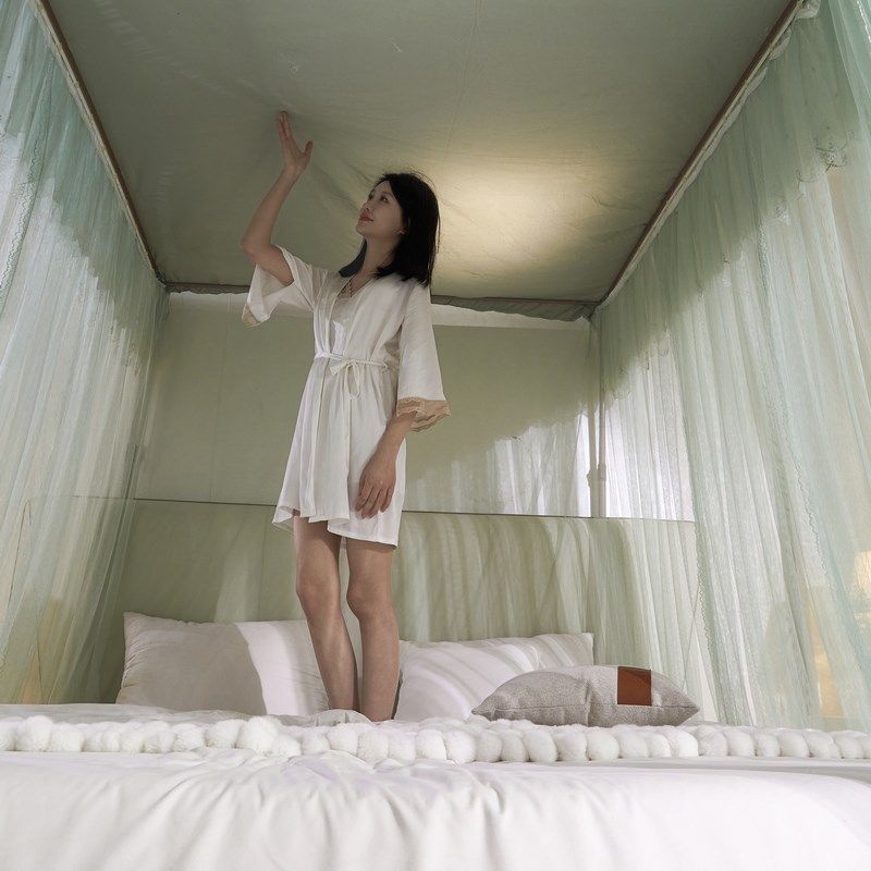 防尘遮光雪纺u型导轨蚊帐家用三开门落地支架杆加粗加厚可升降轨