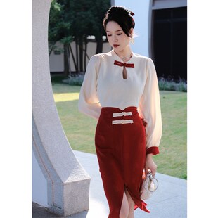 鹿与玫瑰新中式国风套装复古改良旗袍衬衫上衣气质长袖红色连衣裙