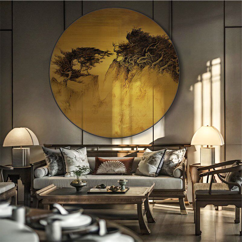 新中式玄关客厅圆形高端挂画酒店别墅松树新古典高端软装装饰画