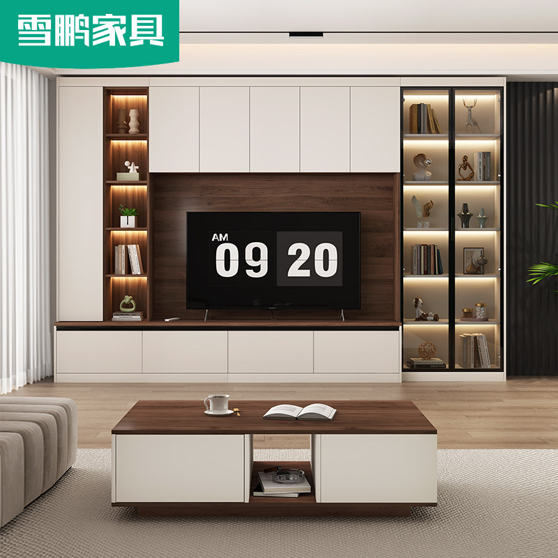 简约客厅电视柜茶几组合家用电视背景墙书架电视机柜一体6D77