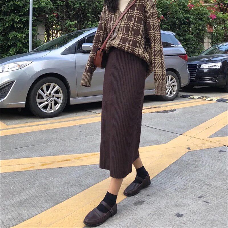 80斤-200斤 秋冬a字网红半身裙高腰加厚针织包臀裙胖妹妹中长裙女
