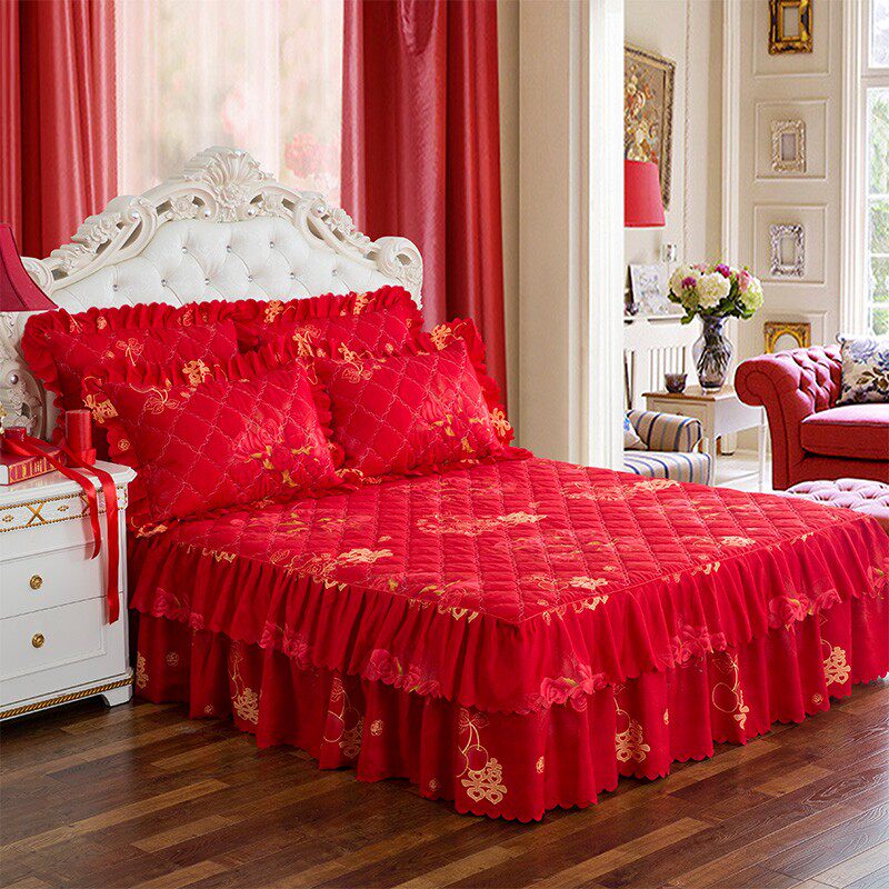 结婚庆大红色四件套欧式秋冬夹棉床裙防滑加厚加大床罩款床单套件