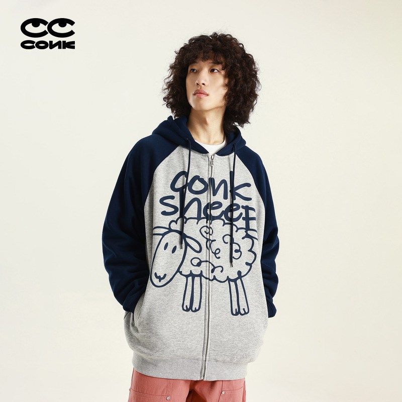 conklab 可可羊撞色插肩袖拉链帽衫男秋冬加绒加厚情侣卫衣外套潮,男装,卫衣,淘宝优惠券,粉丝福利购,淘宝优惠卷