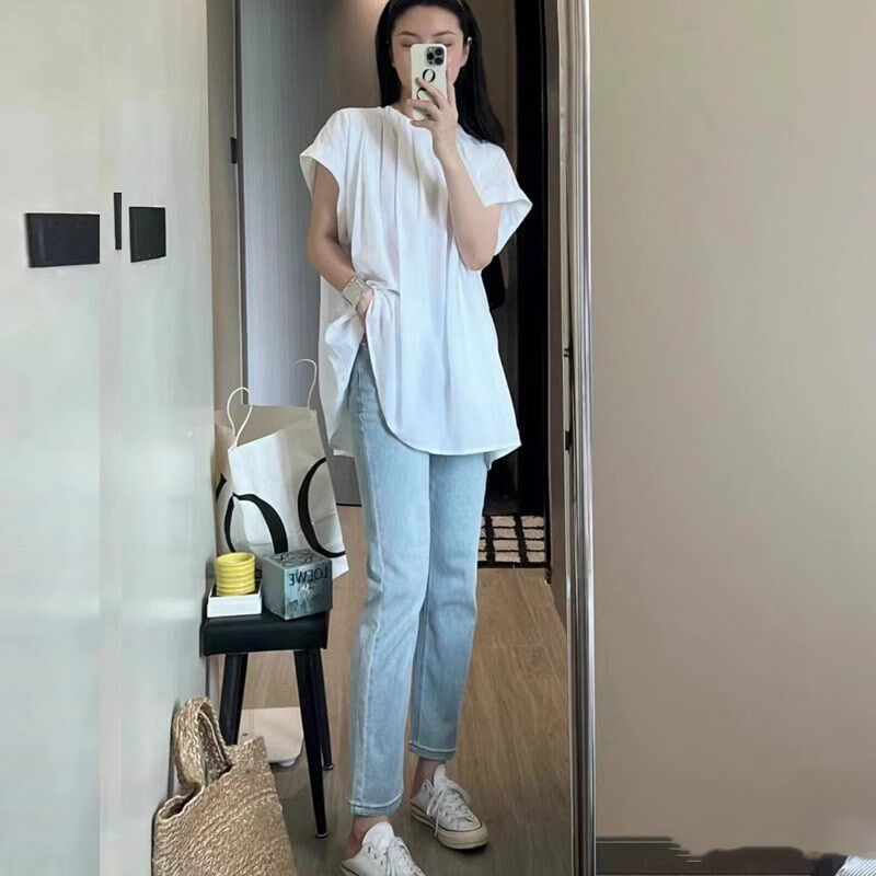 浅色直筒牛仔裤女2024年夏季高腰八分小个子修身显瘦九分烟管裤子