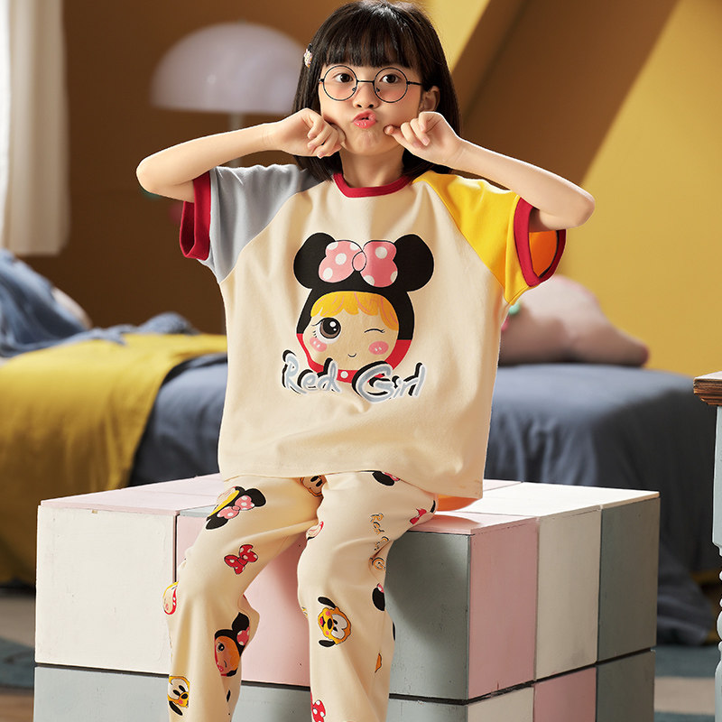 女童睡衣夏季短袖长裤中大童亲子装母女家居服夏款纯棉薄款女孩