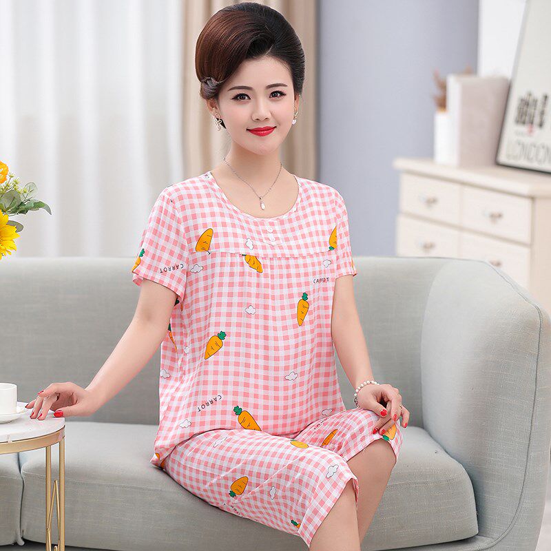 中老年妈妈睡衣女士夏季薄款短袖七分裤棉绸家居服2021年新款套装