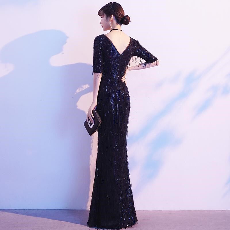 黑色晚礼服2025新款高端亮片主持演出裙女轻奢气质年会礼服鱼尾裙