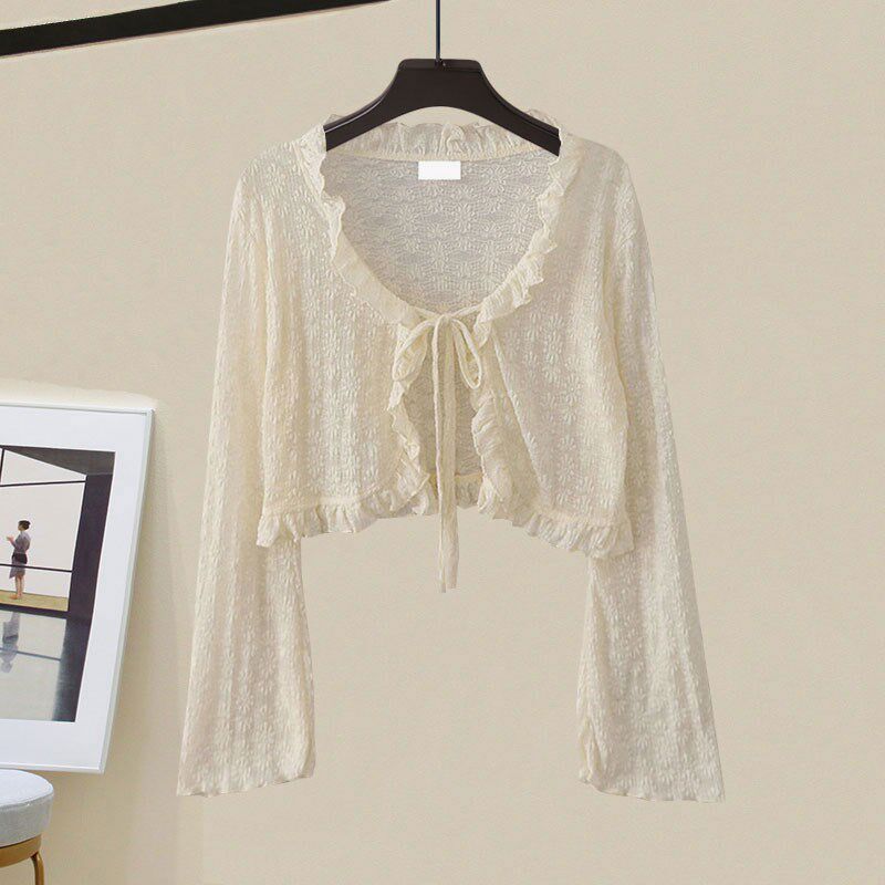 温柔风木耳边绑带v领防晒开衫针织衫女夏季2024新款喇叭袖短上衣,女装/女士精品,蕾丝衫/雪纺衫,淘宝优惠券,粉丝福利购,淘宝优惠卷