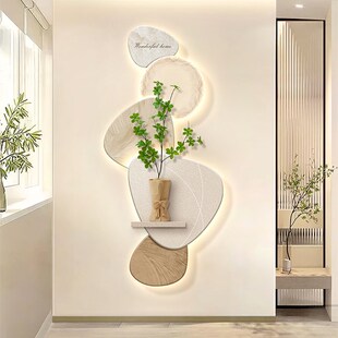 奶油风入户玄关装饰画带灯走廊过道绿植创意置物架高级感清新挂画