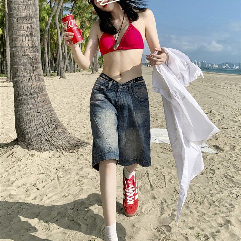 复古低腰牛仔短裤女春夏薄款2024年新款宽松显瘦阔腿直筒五分裤子