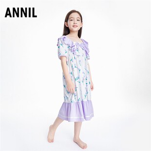 安奈儿童装中大女童短袖睡裙夏季款碎花连衣裙家居服甜美可爱