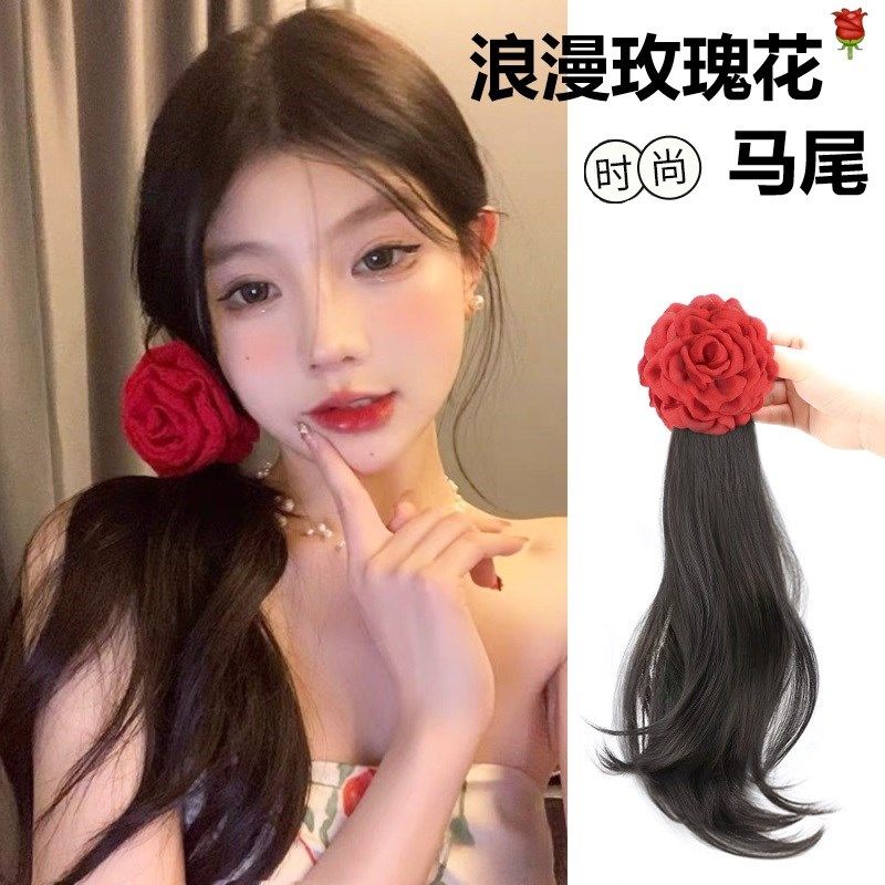 假发马尾红色玫瑰花朵发夹女侧边夹微卷马尾红花头饰发卡网红发卡,美发护发/假发,马尾,淘宝优惠券,粉丝福利购,淘宝优惠卷