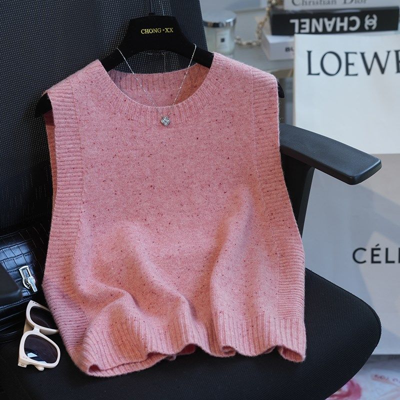 虫小小 叠穿小能手~绵羊毛彩点纱宽松圆领针织背心马甲女秋季896E