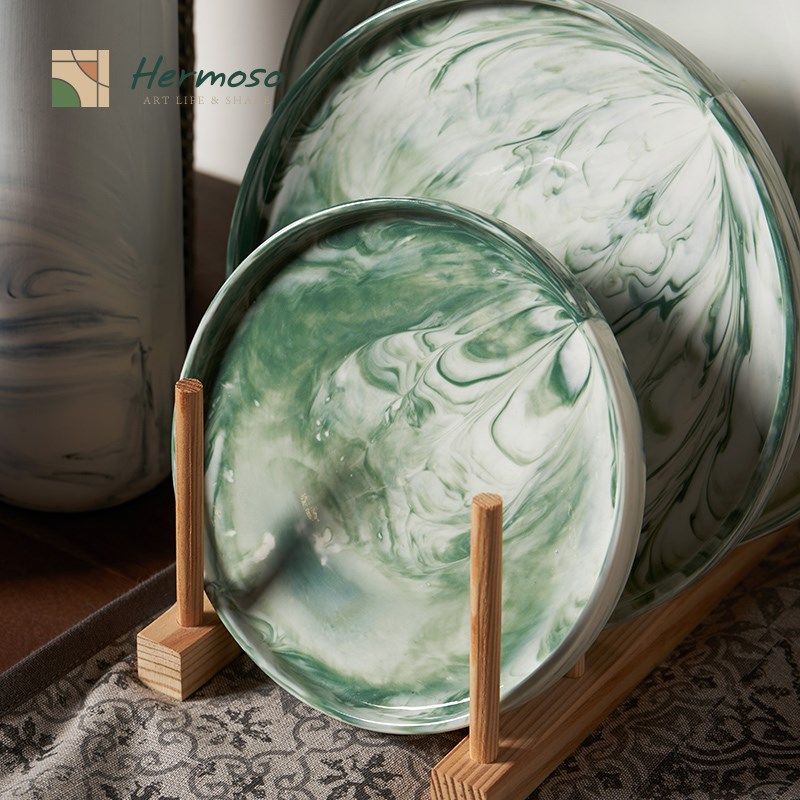 HERMOSO 水墨圆形托盘陶瓷盘子菜盘家用餐盘平盘鱼盘水果盘装饰盘,餐饮具,盘,淘宝优惠券,粉丝福利购,淘宝优惠卷