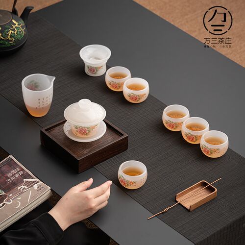 国色牡丹白玉琉璃茶具办公室高档会客茶杯三才盖碗创意冰种茶具