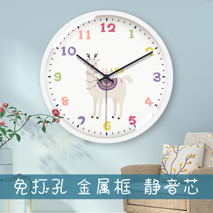 TQJ儿童房卧室静音挂钟羊驼壁客厅卡通时钟挂墙石英钟家用时尚钟