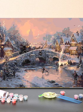 数字油画diy手工填充冬天城市雪景手绘消磨时间画画涂色油彩画
