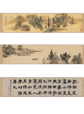 明 沈周 京江送别图仿古横幅泛舟装饰茶馆卷轴沙发背景客厅装饰画