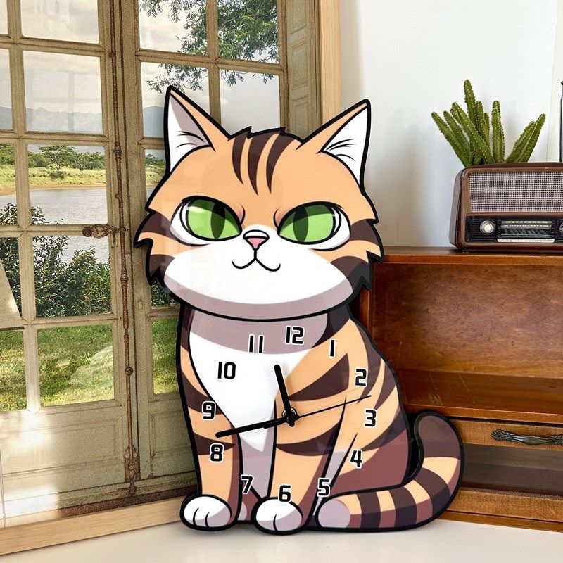 卡通创意虎斑猫咪装饰挂墙钟表宠物店儿童房客厅静音可爱时钟挂钟,家居饰品,挂钟,淘宝优惠券,粉丝福利购,淘宝优惠卷