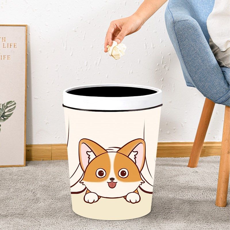 奶油风创意手绘压圈垃圾桶卡通可爱卫生桶家用客厅卧室儿童房纸篓