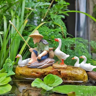 鱼池假山造景钓鱼翁老头鸭子吸水石盆景古法养鱼鱼缸装饰迷你摆件