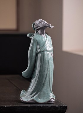 陶瓷禅意历史人物摆件大号伯牙抚琴钟子期雕像茶室桌面装饰工艺品