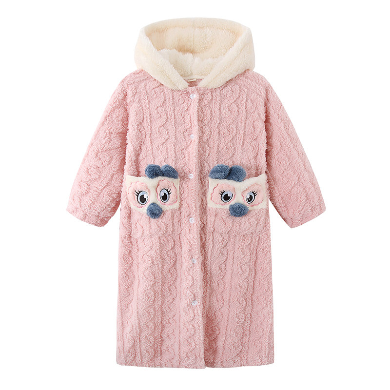 儿童法兰绒浴袍冬季睡衣小孩女童睡袍珊瑚绒加厚款粉色口袋家居服
