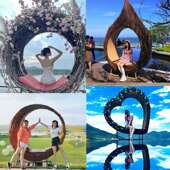 网红鸟巢卡座拍照打卡藤编鸟窝座椅景区悬挂秋千躺椅遮阳藤编草帽