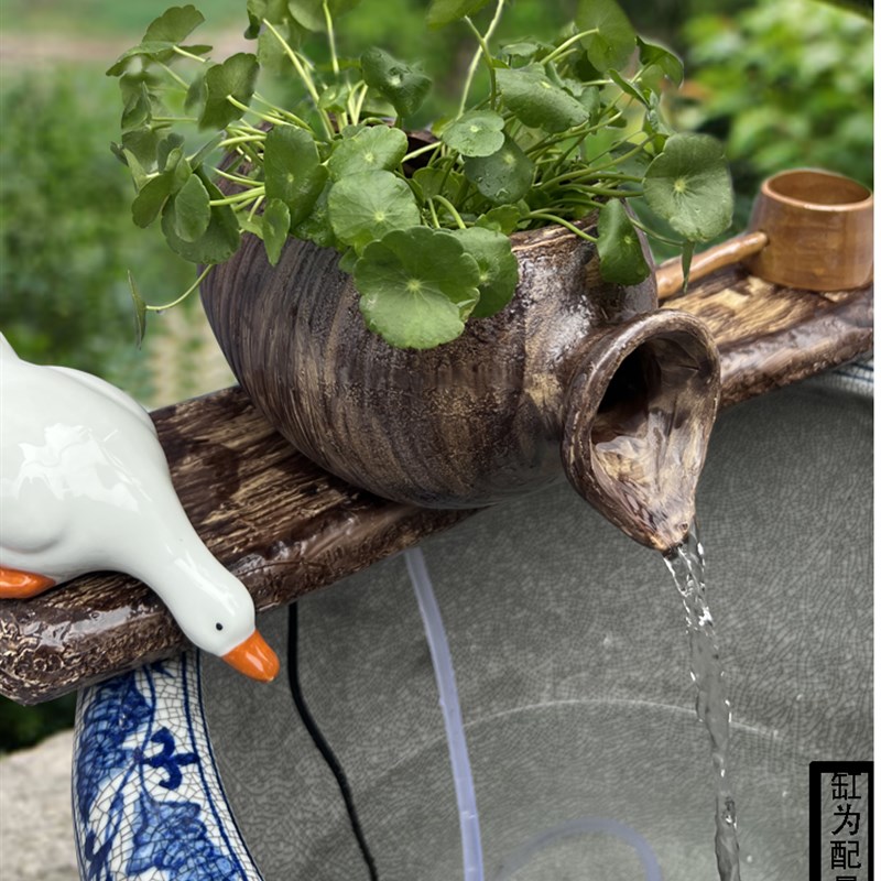 包邮创意陶罐流水器鱼缸循环过滤陶瓷流水摆件水缸石槽水景搭配造