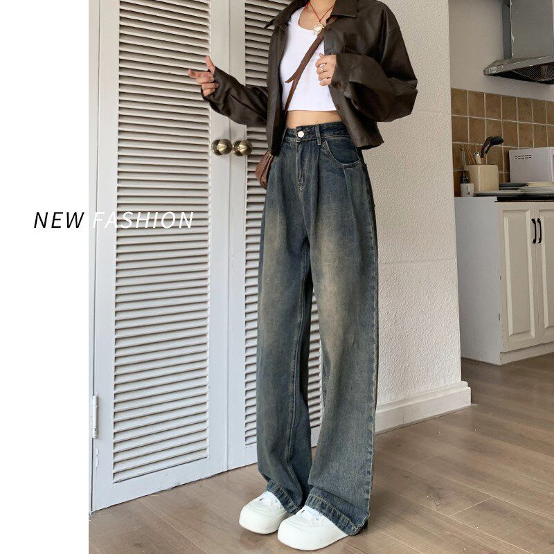 水泥灰阔腿牛仔裤女春秋2024新款小个子复古宽松直筒高腰裤子春装