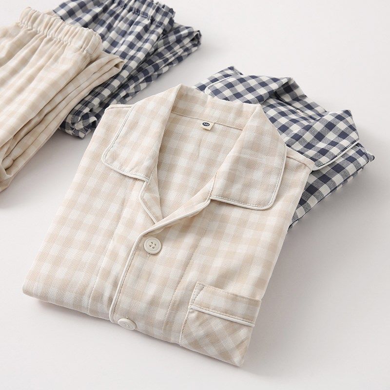 春夏纯棉纱布薄款儿童睡衣女童长袖短袖长裤男童休闲格子家居服