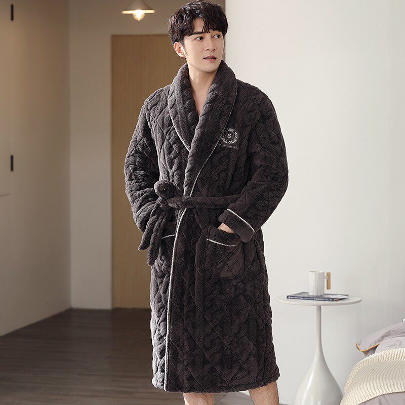 男士睡袍冬季加厚珊瑚绒夹棉男款浴袍冬天三层保暖长款法兰绒睡衣