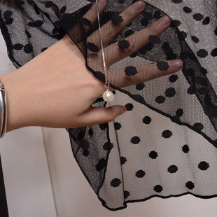 女秋大圆领网纱波点短袖T恤显瘦波浪性感打底衫凉爽薄透内搭小衣