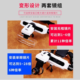 头戴式放大镜带灯儿童老人阅读高清读书维修用花眼镜挑刺接种睫毛