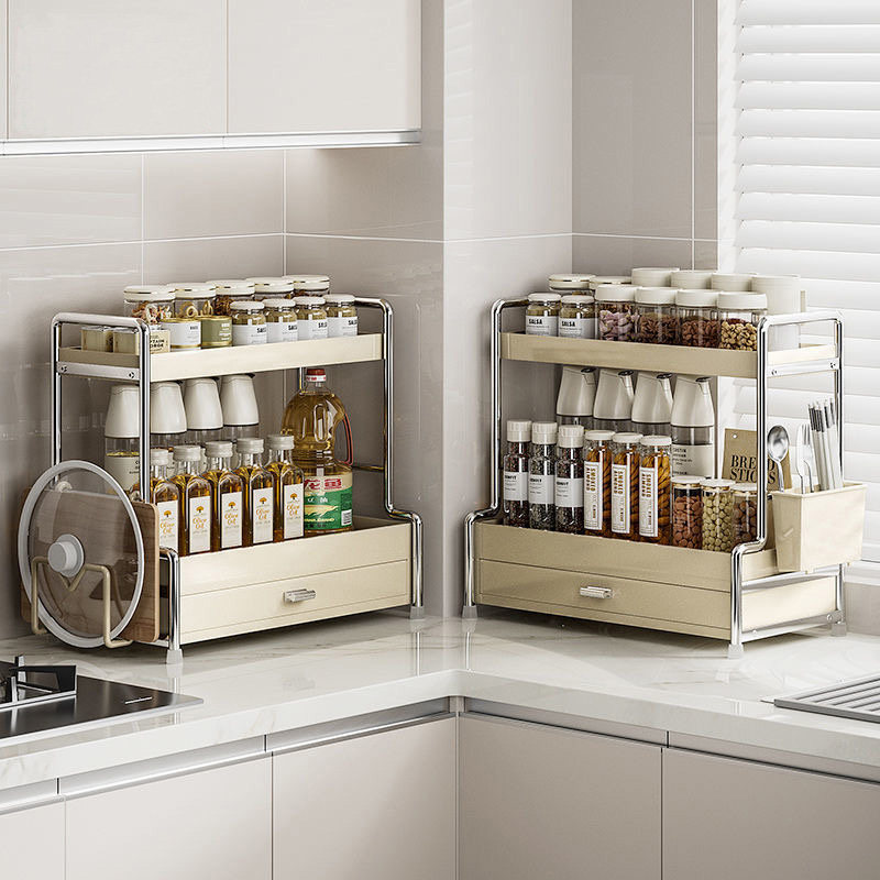 可抽拉厨房调味品置物架家用台面多功能双层调料架带抽屉酱油醋架