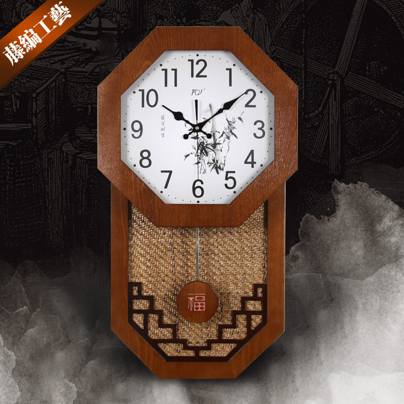 TQJ新中式实木客厅壁挂钟中国风藤编石英钟表时钟卧室静音挂表